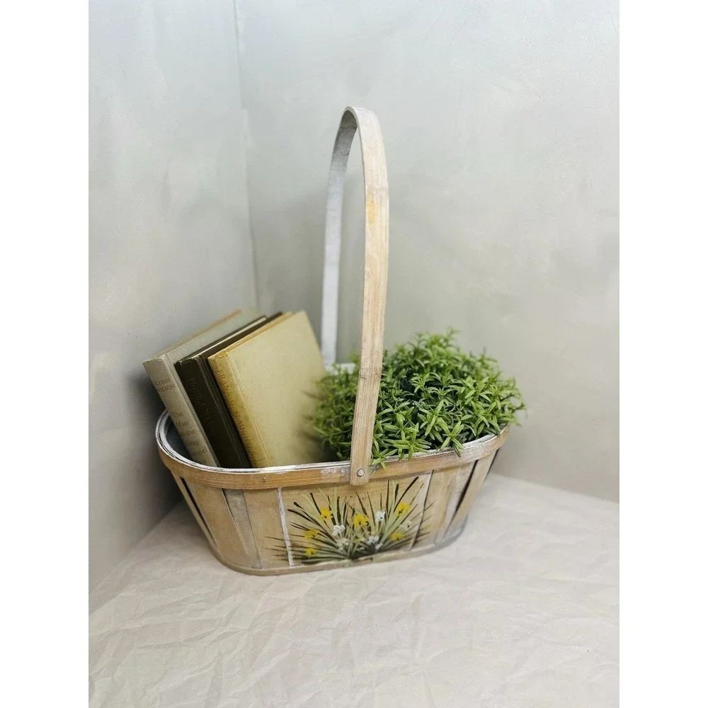 Vintage Hand Painted Basket Yellow Floral Handle Large Whitewashed Split Wood